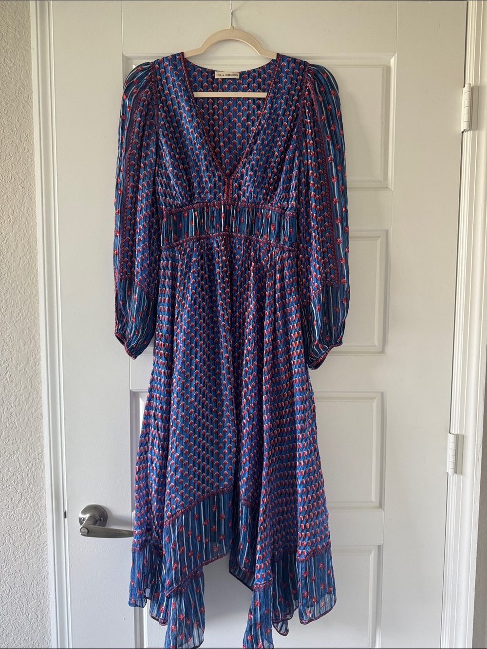 Ulla Johnson Navy and Red Printed V-Neck Midi Dress